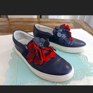 LANVIN Navy Blue Red Leather Floral accent Slip-On Sneakers US